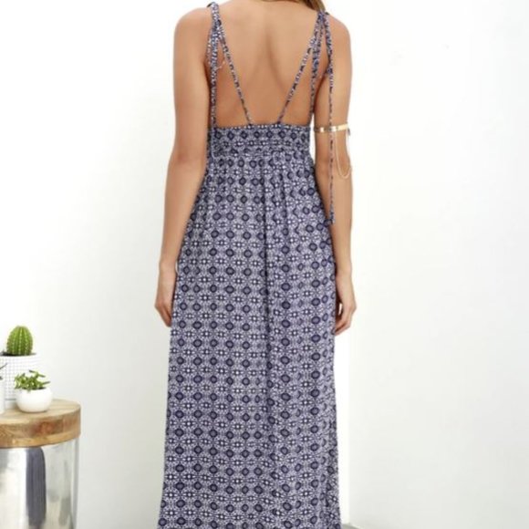 Lulus LuLu's Field Day Navy Blue Print Tie Strap Maxi Dress Knit Paisley Floral - Picture 2 of 5